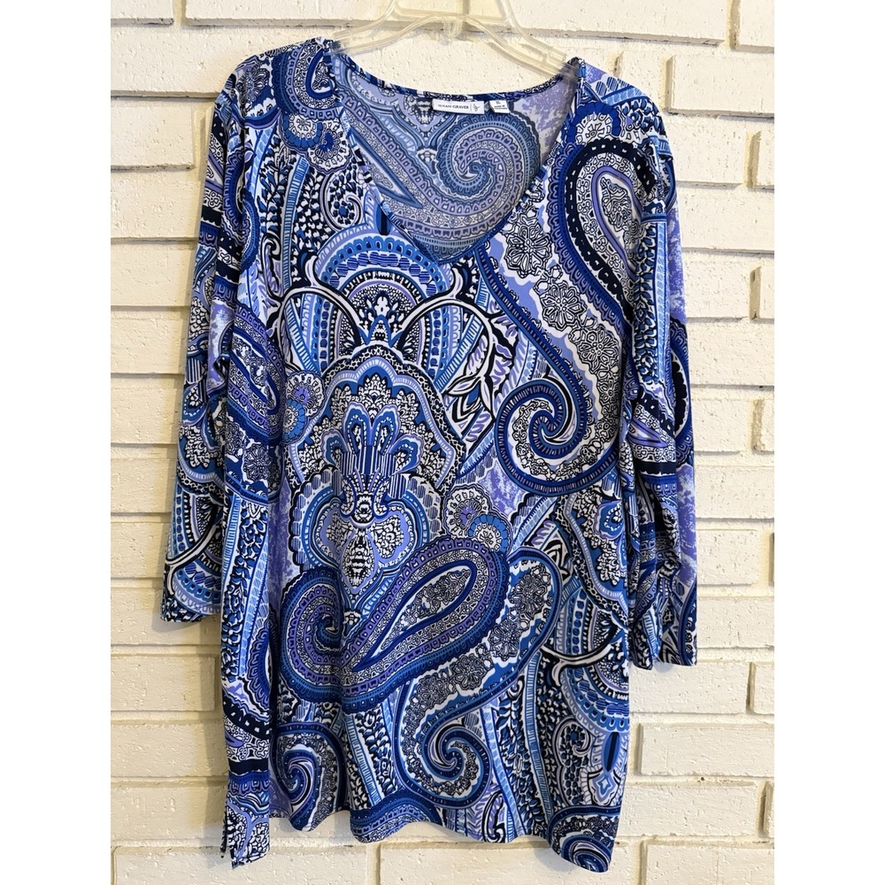 Susan Graver Liquid Knit V-Neck Top Blue Paisley Floral Print Sz XL Casual